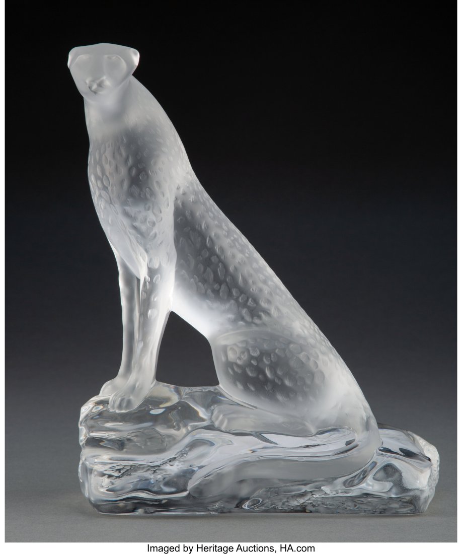A Lalique Clear and Frosted Glass Tancrede Cheet: A Lalique Clear and Frosted Glass Tancrede Cheetah in Original Fitted Box, post-1945 Marks: Lalique France 10-1/4 x 8-1/4 x 4-1/2 inches (26.0 x 21.0 x 11&pe