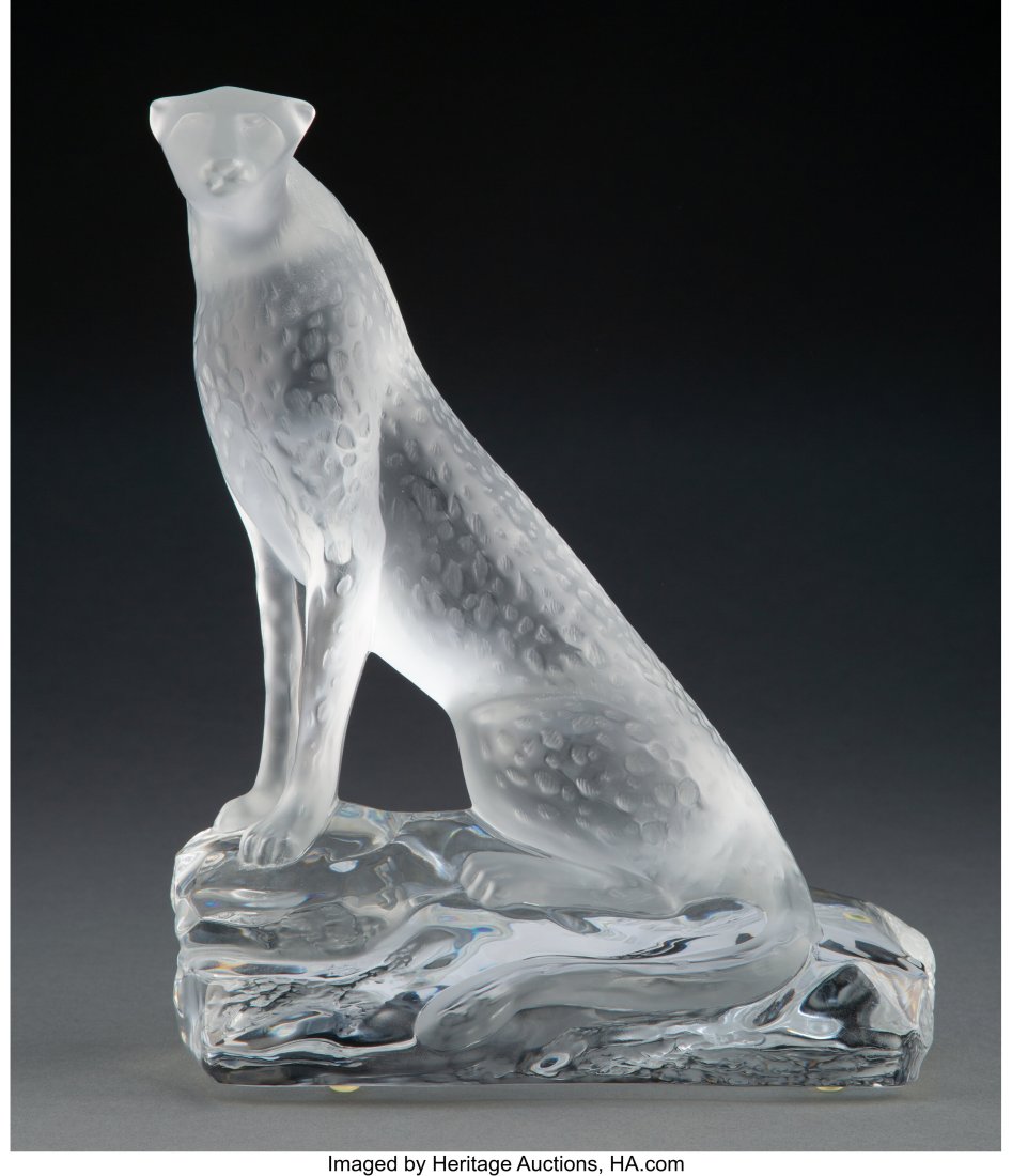A Lalique Clear and Frosted Glass Tancrede Cheet: A Lalique Clear and Frosted Glass Tancrede Cheetah in Original Fitted Box, post-1945 Marks: Lalique France 10-1/4 x 8-3/4 x 4-1/4 inches (26.0 x 22.2 x 10&pe