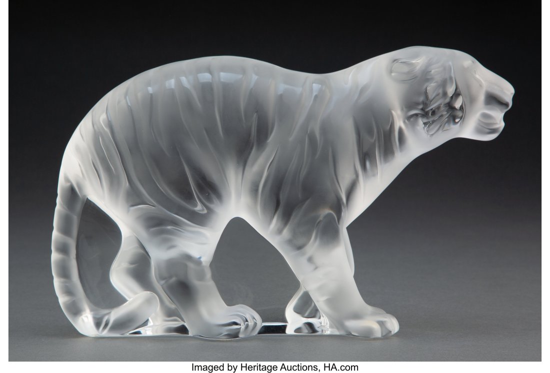A Lalique Clear and Frosted Glass Bengale Tiger: A Lalique Clear and Frosted Glass Bengale Tiger in Original Fitted Box, post-1945 Marks: Lalique France 5-1/2 x 9-1/4 x 2-1/2 inches (14.0 x 23.5 x 6.
