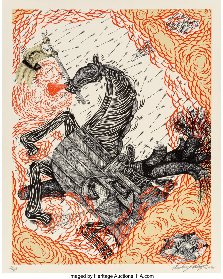 Andrew Schoultz (b. 1975) Horse Under Fire, 2006: Andrew Schoultz (b. 1975) Horse Under Fire, 2006 Screenprint in colors on paper 20 x 16 inches (50.8 x 40.6 cm) (sheet) Ed. 68/100 S