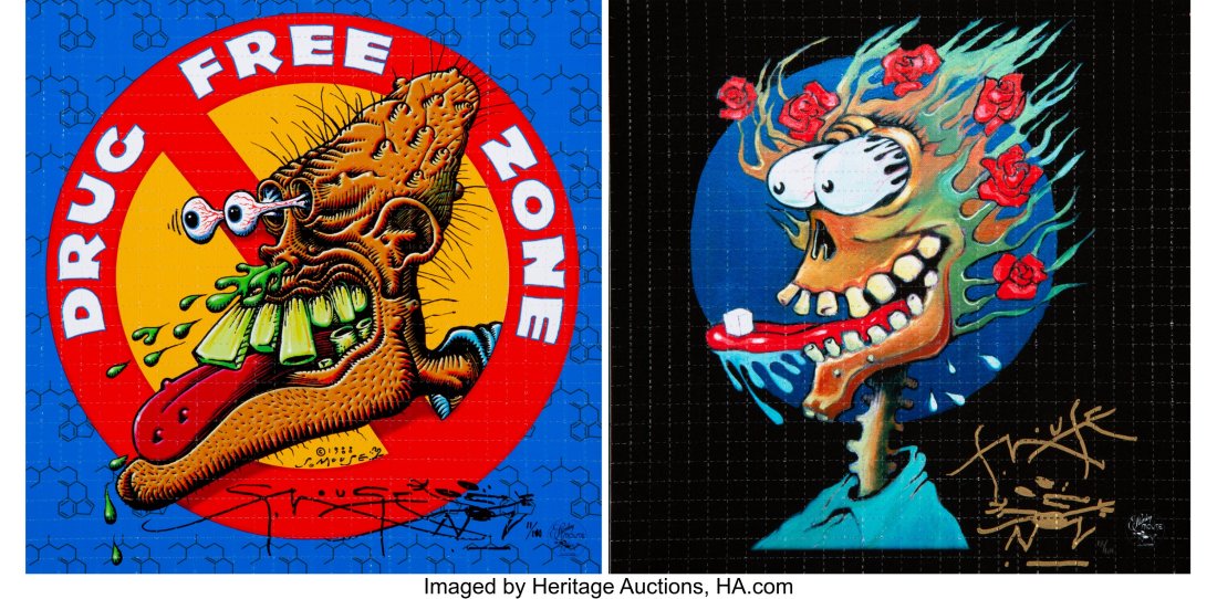 Stanley Mouse (b. 1940) Drug Free Zone and Sugar: Stanley Mouse (b. 1940) Drug Free Zone and Sugar Cube (set of 2), 2020 Archival pigment prints in colors on Perforated Blotter paper 7-1/2 x 7-1/2 inches &lpar