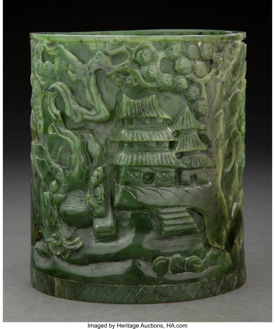 A Chinese Carved Spinach Jade Brush Pot 6-1/2 x (1 of 3)