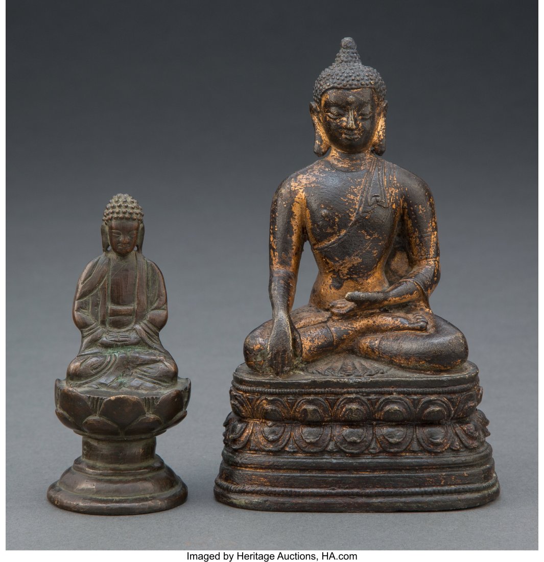 Two Sino-Tibetan Bronze Seated Buddhas 6-1/2 x 4 (1 of 2)