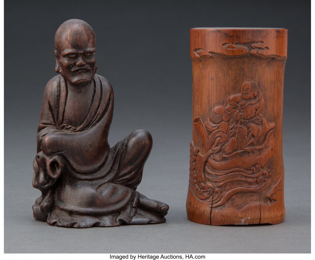 A Chinese Bamboo Brushpot and a Carved Wood Seat (1 of 2)