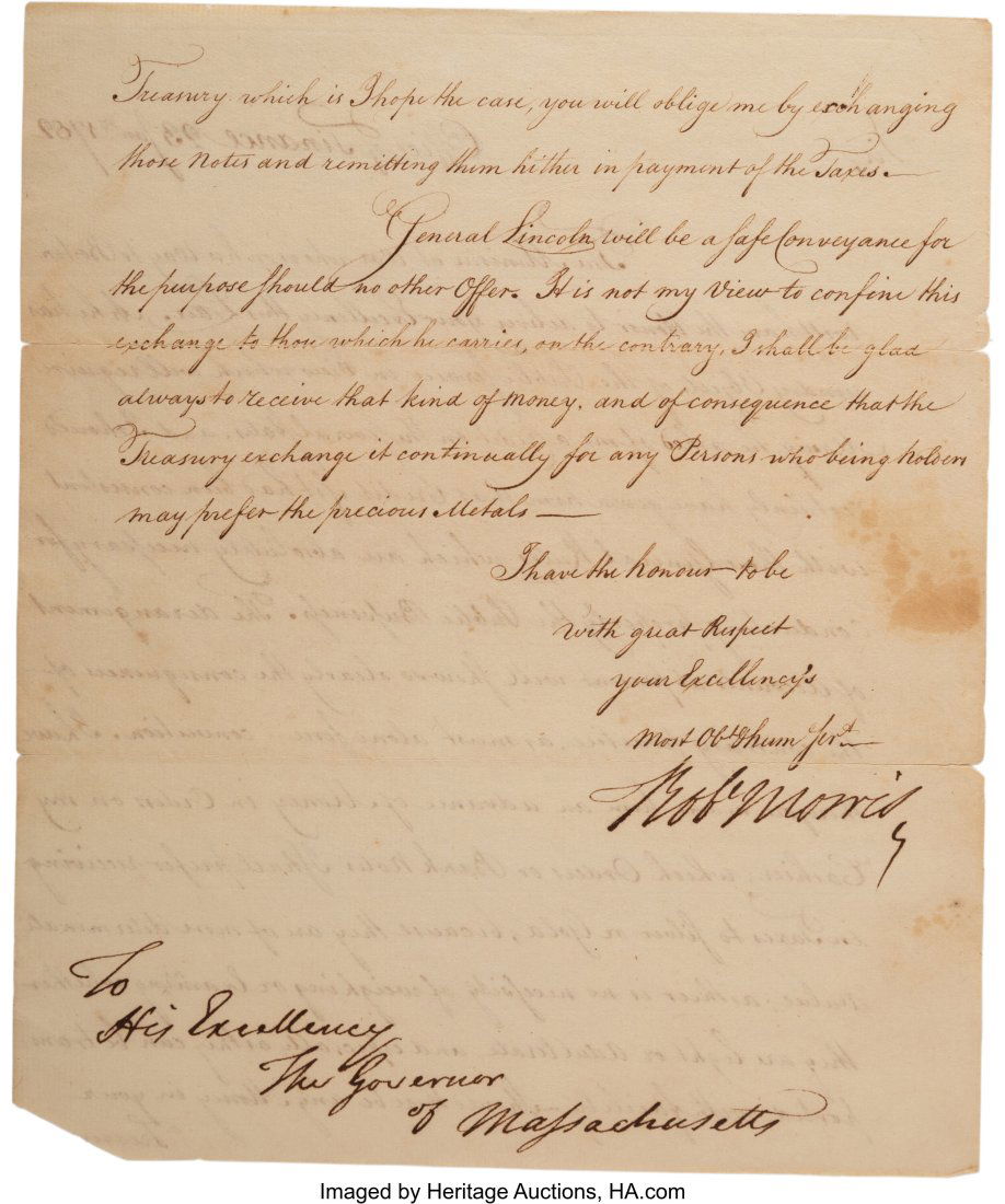 Robert Morris letter signed ("Robt Morris"). Tw: Robert Morris letter signed ("Robt Morris"). Two pages on one leaf, 7.5" x 12", Office of Finance [Philadelphia, Pennsylvania]; January 23&co