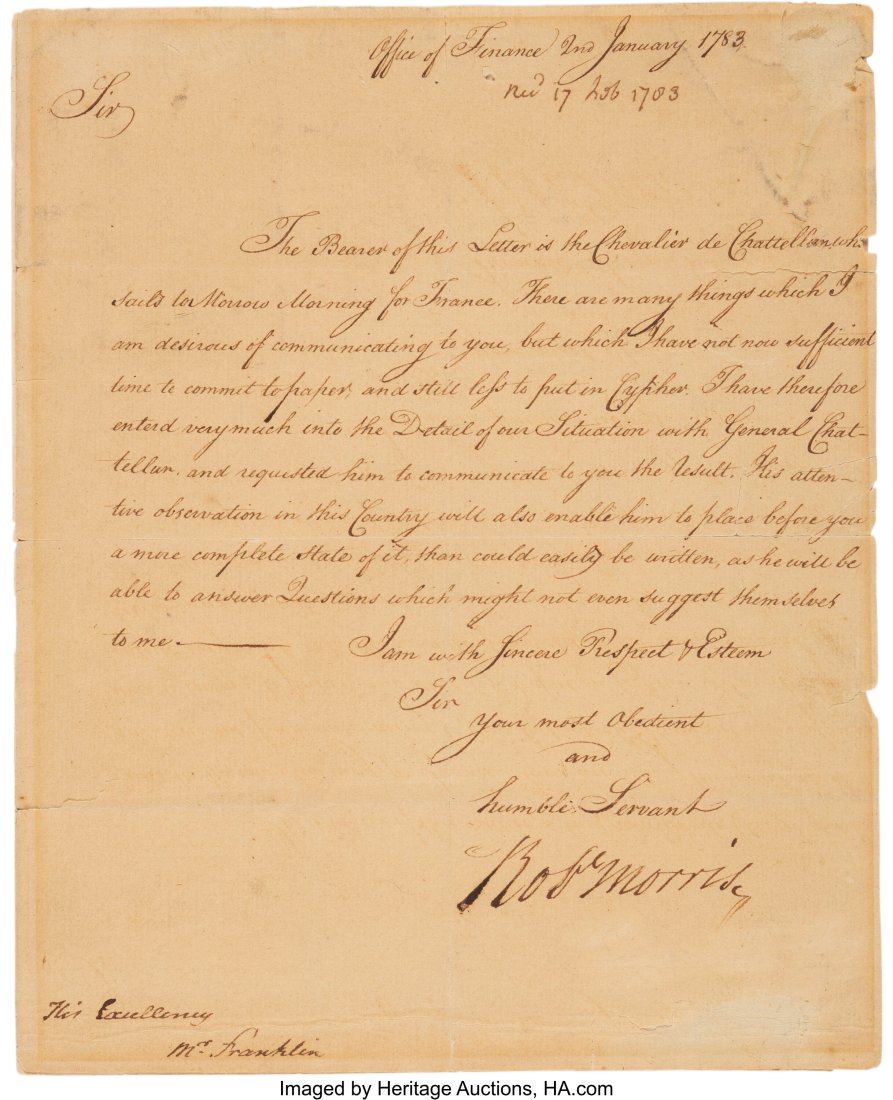 Robert Morris letter signed ("Robt Morris"). On: Robert Morris letter signed ("Robt Morris"). One page of a bifolium, 7.5" x 9.25", Office of Finance, [Philadelphia, Pennsylvania]&se