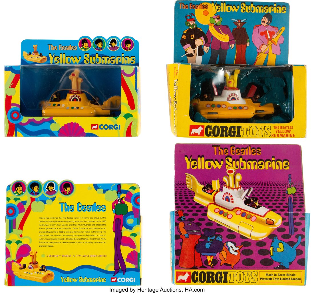 The Beatles Yellow Submarine Corgi Diecast Model: The Beatles Yellow Submarine Corgi Diecast Model Toy #803, in Original Box Plus Re-Issue of sub (UK,1969,1999). The animated Yellow Submarine film brought about