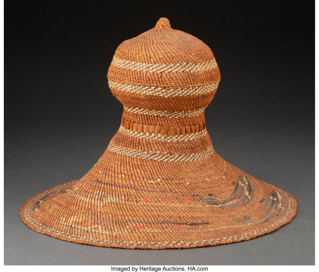 A Nootka Pictorial Twined Whaler's Hat c. 1920: A Nootka Pictorial Twined Whaler's Hat c. 1920 cedar bark, spruce root, dyed grass Height: 10 inches HID03101062020 © 2022 Heritage 