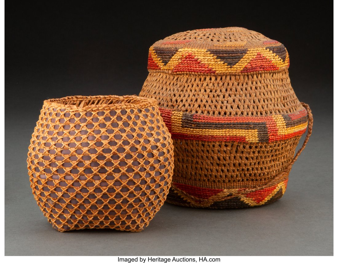 Two Northwest Coast Twined Baskets c. 1900 ced: Two Northwest Coast Twined Baskets c. 1900 cedar bark, spruce root, dyed bear grass, cotton string Diameters: 4 and 5 &frac12; inches HID0310