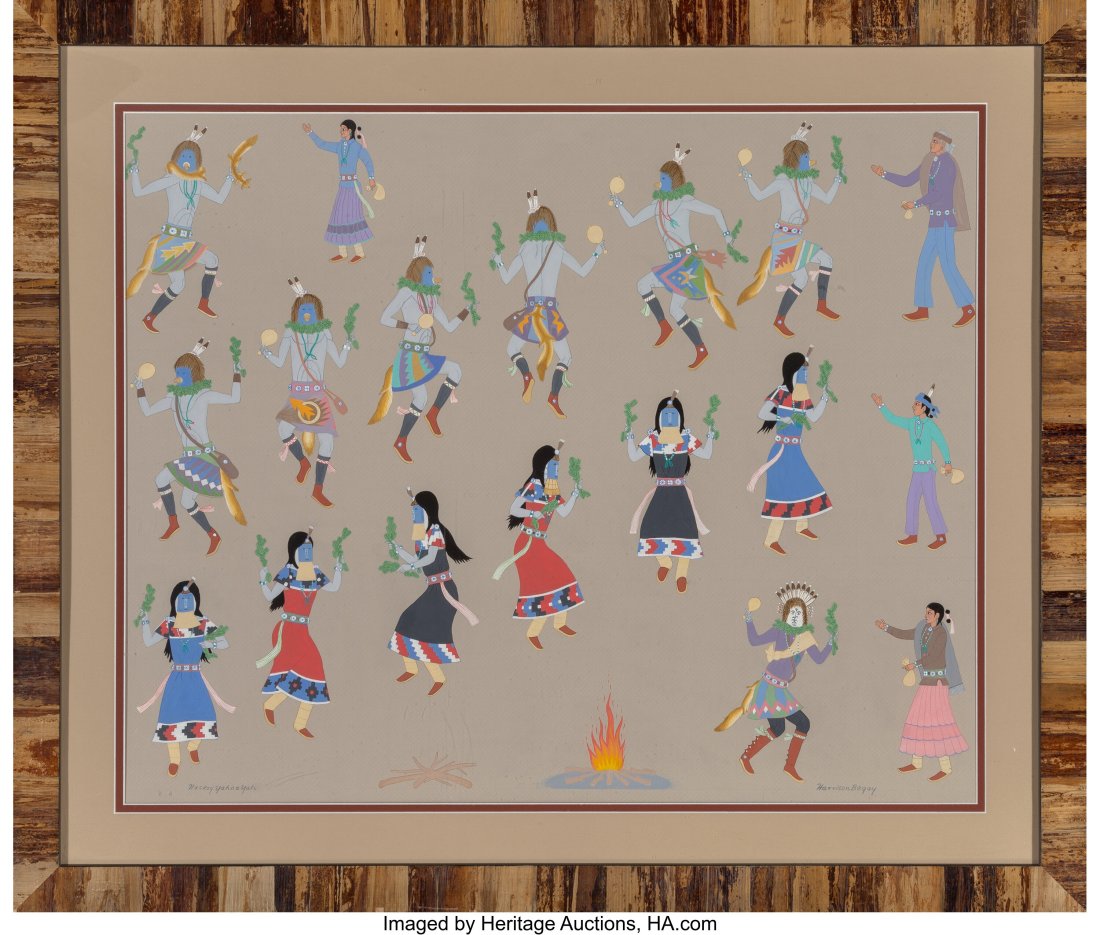 Harrison Begay (Navajo, 1917 - 2012) Untitled (: Harrison Begay (Navajo, 1917 - 2012) Untitled (Fire Dance Ceremony) gouache on paper, signed at bottom, framed Dimensions: 36 &frac12; x 29 &fr