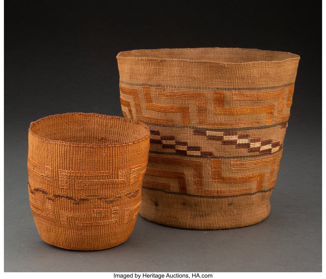 Two Tlingit Twined Baskets c. 1900 spruce root: Two Tlingit Twined Baskets c. 1900 spruce root, dyed bear grass Diameters: 4 &frac14; and 7 inches HID03101062020 © 2022 Heritage