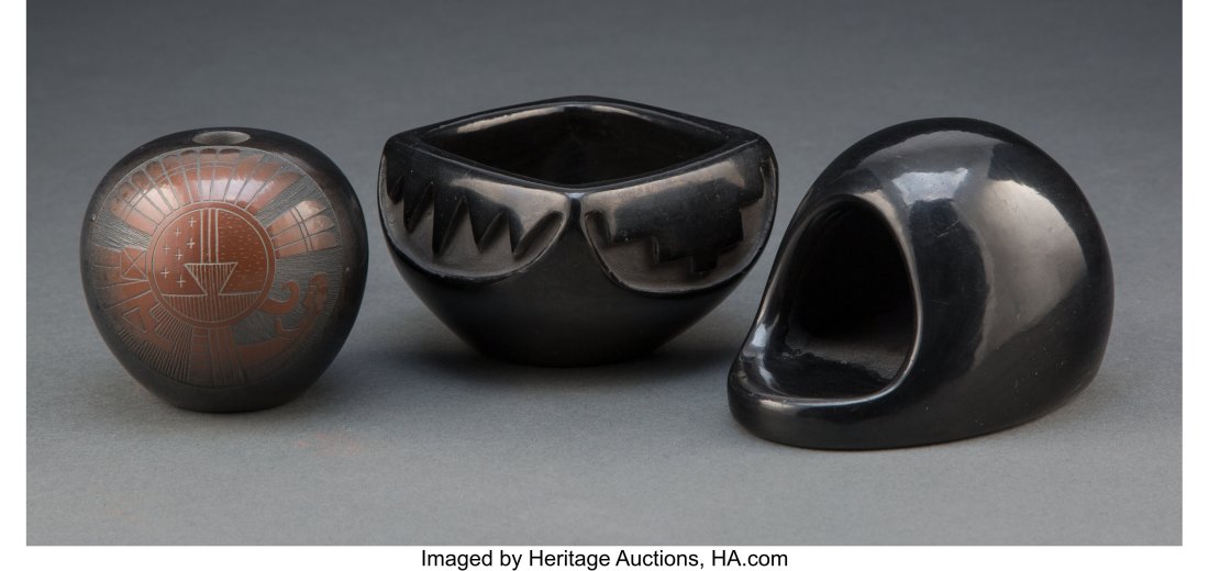 Three Southwest Blackware Items Wallace Youvel: Three Southwest Blackware Items Wallace Youvella, Florence Chavarria, Maria and Santana Martinez c. 1975 including a Hopi seed jar signed Wallace Youvella; a carved Santa Clara