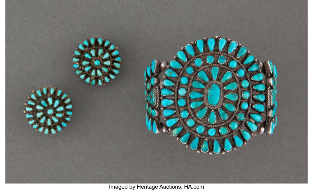 Two Zuni Jewelry Items c. 1945 and 1960 includ: Two Zuni Jewelry Items c. 1945 and 1960 including a pair of clip-on earrings and a cluster bracelet, silver, turquoise Width of bracelet: 2 &frac12; inches 