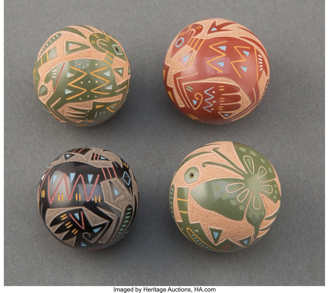 Four Miniature Santa Clara Polychrome Orbs Ray: Four Miniature Santa Clara Polychrome Orbs Ray Tafoya each signed on the bottom with a hallmark Provenance: Property from the Donna Gold Family Collection of Ethnographic Art, Los Angeles&
