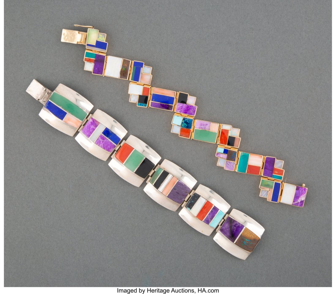 Two Laguna / Chocktaw Link Bracelets Franklin: Two Laguna / Chocktaw Link Bracelets Franklin Carrillo c. 1992 gold, silver, sugalite, coral, lapis, opal, and jet, one stamped F. C.