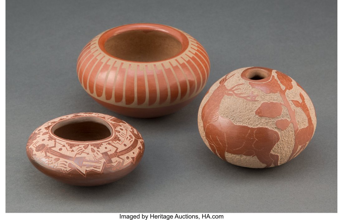 Three Southwest Redware Pottery Jars Blue Corn,: Three Southwest Redware Pottery Jars Blue Corn, Karen Naranjo, Roy Tsigowanu and Stella Kwa Povi c. 1975 - 1980 including a Santa Clara example signed Karen Naranjo, a San Jua