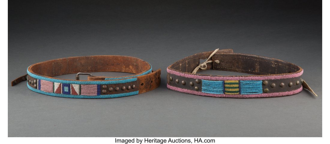Two Crow Panel Belts c. 1890 commercial leath: Two Crow Panel Belts c. 1890 commercial leather, glass seed beads, brass tacks, sinew, thread, metal buckle Lengths: 30 &frac14; and 35, exclu