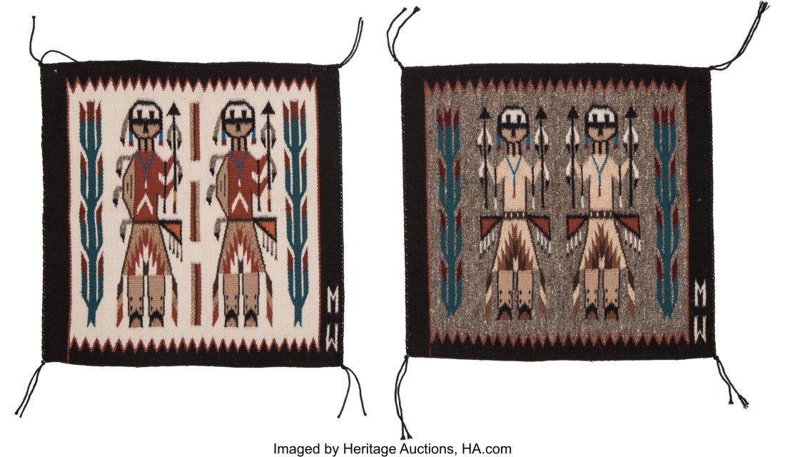 Two Contemporary Navajo Yei Samplers Marietta W: Two Contemporary Navajo Yei Samplers Marietta White c. 1990 each "signed" MW Dimensions: 15 x 15 &frac12; inches each HID03101062020 ©