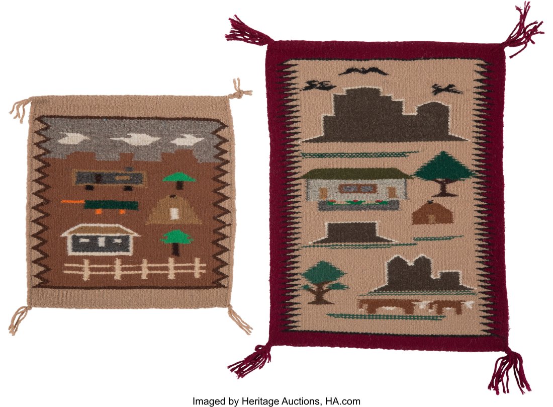 Two Navajo Pictorial Weavings Ella Mae Begay an: Two Navajo Pictorial Weavings Ella Mae Begay and Roselyn Yazzie c. 1970 Provenance: Property from the Donna Gold Family Collection of Ethnographic Art, Los Angeles, CA Dimensi