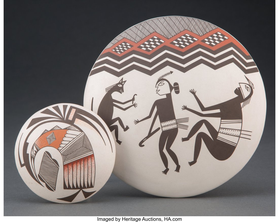 Two Acoma Polychrome Orbs Charmae Shields Nats: Two Acoma Polychrome Orbs Charmae Shields Natseway c. 1989 clay, paint, the smaller signed Charmae Shields Natseway N.M. Acoma; the larger signed Charmae Shields 