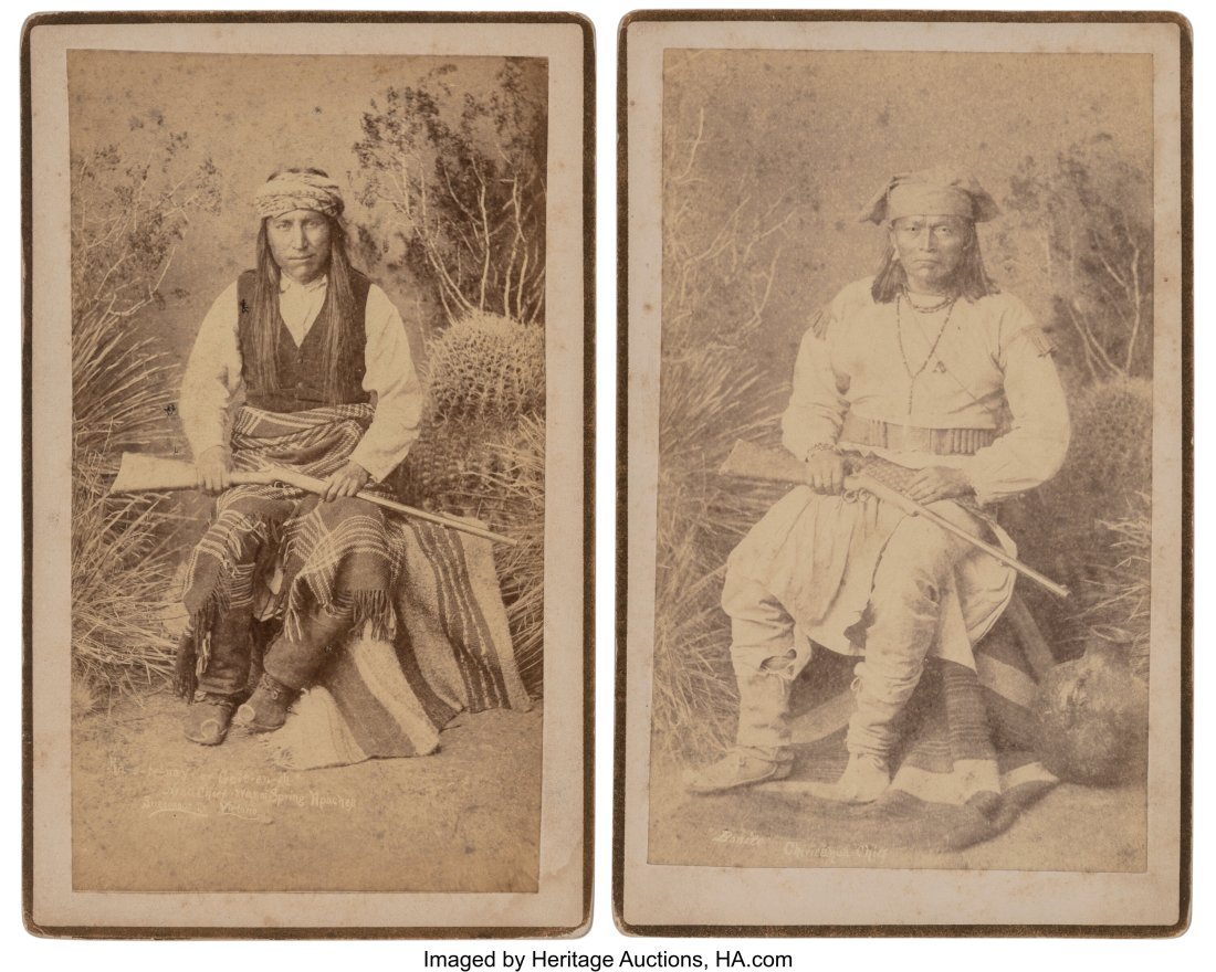 Two Boudoir Photographs of Apache Indians the: Two Boudoir Photographs of Apache Indians the first, with pencil inscription Head ... of the Chiricahuas; each stamped A. F. Randall, Photographer o