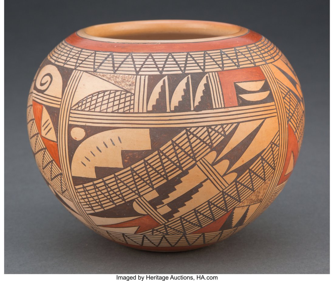 A Hopi Polychrome Jar Rondina Huma c. 1970 c: A Hopi Polychrome Jar Rondina Huma c. 1970 clay, paint, signed Rondina Huma, (Tewa) Polacca, Az. Provenance: Property from the Donna Gold Family C