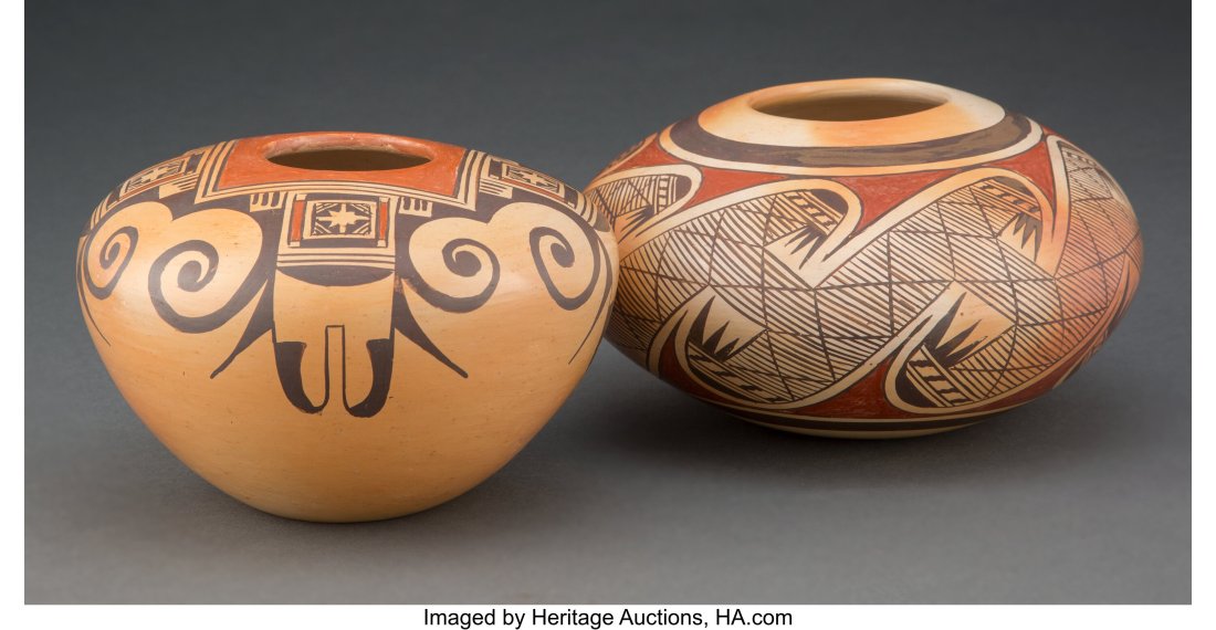 Two Hopi Polychrome Jars Elva Nampeyo and Fann: Two Hopi Polychrome Jars Elva Nampeyo and Fannie Nampeyo c. 1980 clay, paint, one signed Elva Nampeyo; the other signed Fannie Nampeyo Provenance: Property from the Donna