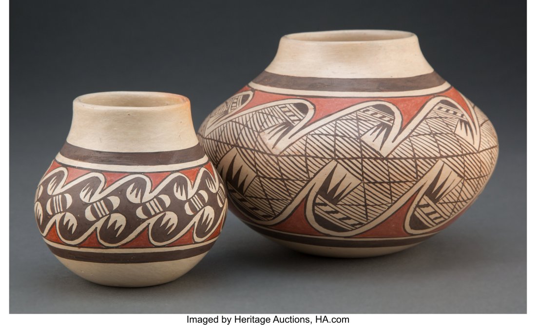 Two Hopi Polychrome Jars Fannie Nampeyo c. 19: Two Hopi Polychrome Jars Fannie Nampeyo c. 1975 clay, paint, each signed Fannie Nampeyo Provenance: Property from the Donna Gold Family Collection of Ethnographic Art, L