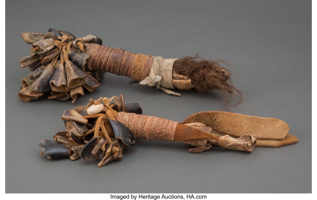 Two Navajo Dew Claw Rattles Heights: 8 and 11 : Two Navajo Dew Claw Rattles Heights: 8 and 11 inches, excluding attachments at bottom HID03101062020 © 2022 Heritage Auctions | All Rights R