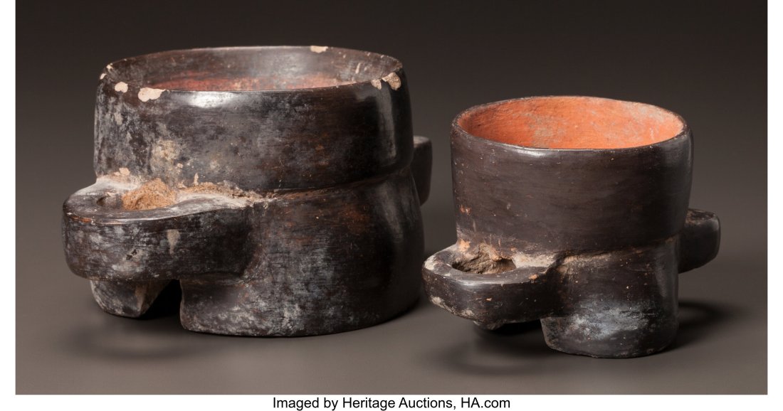 Two Mesoamerican Preclassic Blackware Vessels wi: Two Mesoamerican Preclassic Blackware Vessels with Looped Handles c. 100 BC - 450 AD Diameters: 5 &frac14; and 8 inches HID03101062020 ©