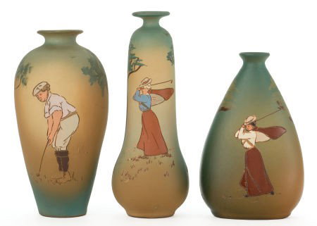 A GROUP OF THREE GOLF THEME DICKENS WARE WELLER : A GROUP OF THREE GOLF THEME DICKENS WARE WELLER POTTERY VASES Zanesville, Ohio, circa