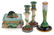 66086: THREE VICTORIAN MAJOLICA CANDLESTICKS AND A SARD