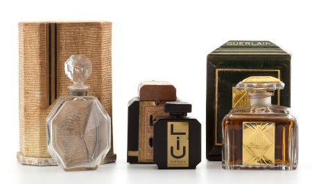 THREE ART DECO PERFUME PRESENTATIONS Circa 1930: THREE ART DECO PERFUME PRESENTATIONSCirca 1930Marks: (stenciled marks of Guerlain and