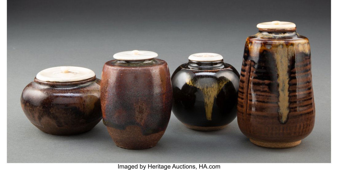 Four Japanese Earthenware Tea Caddies, 20th cent: Four Japanese Earthenware Tea Caddies, 20th century Marks: (various) 3-3/4 x 2-3/8 x 2-3/8 inches (9.5 x 6.0 x 6.0 cm) (tallest&rp