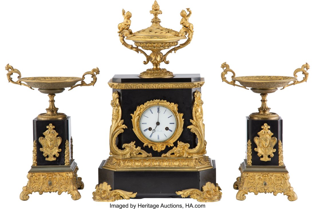 A Louis Philippe French Ormolu Garniture, Clock: A Louis Philippe French Ormolu Garniture, Clock Movement by Honoré Pons (1773-1851), Paris, mid 19th century and later Painted to face: HIPte Devillers Struck