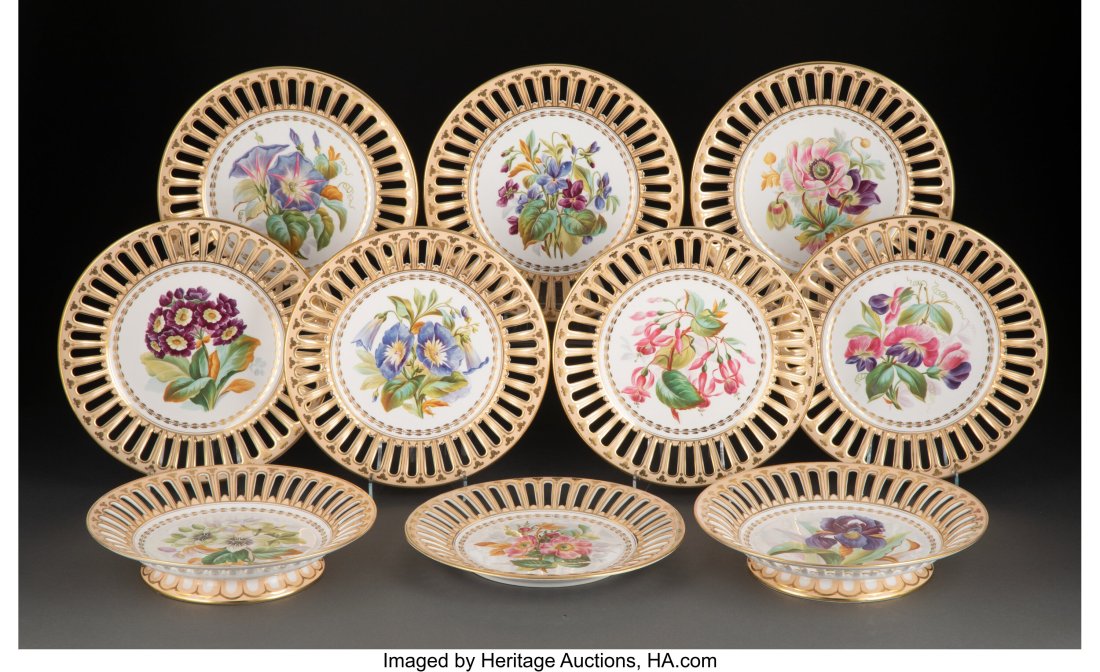 A Ten-Piece J. & M.P. Bell Co. Ltd. Partial Gilt: A Ten-Piece J. & M.P. Bell Co. Ltd. Partial Gilt Porcelain Dessert Service, Glasgow, Scotland, circa 1900 Marks: (JB inside bell&rpa