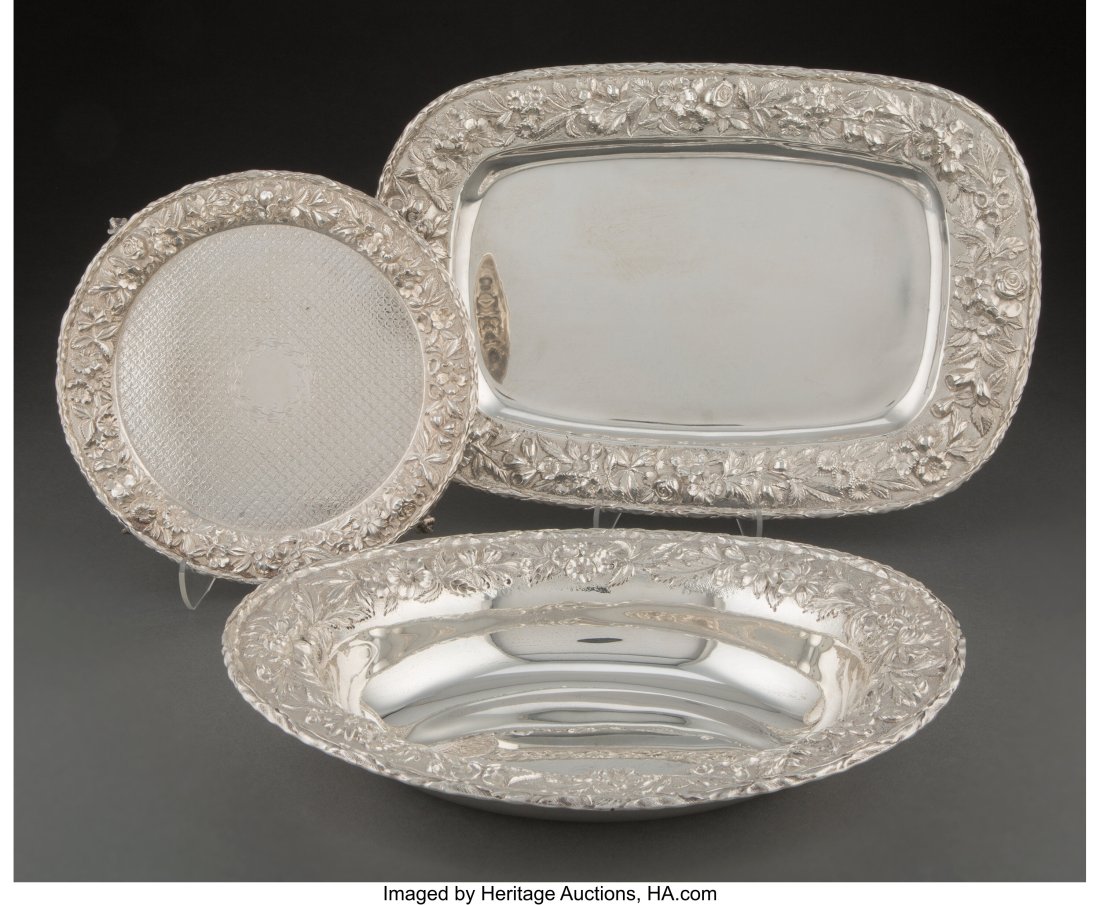 A Group of Three S. Kirk & Son Chased Repoussé : A Group of Three S. Kirk & Son Chased Repoussé Silver Table Articles, Baltimore, Maryland Marks: S. Kirk & Son, Inc. (various) 0-1