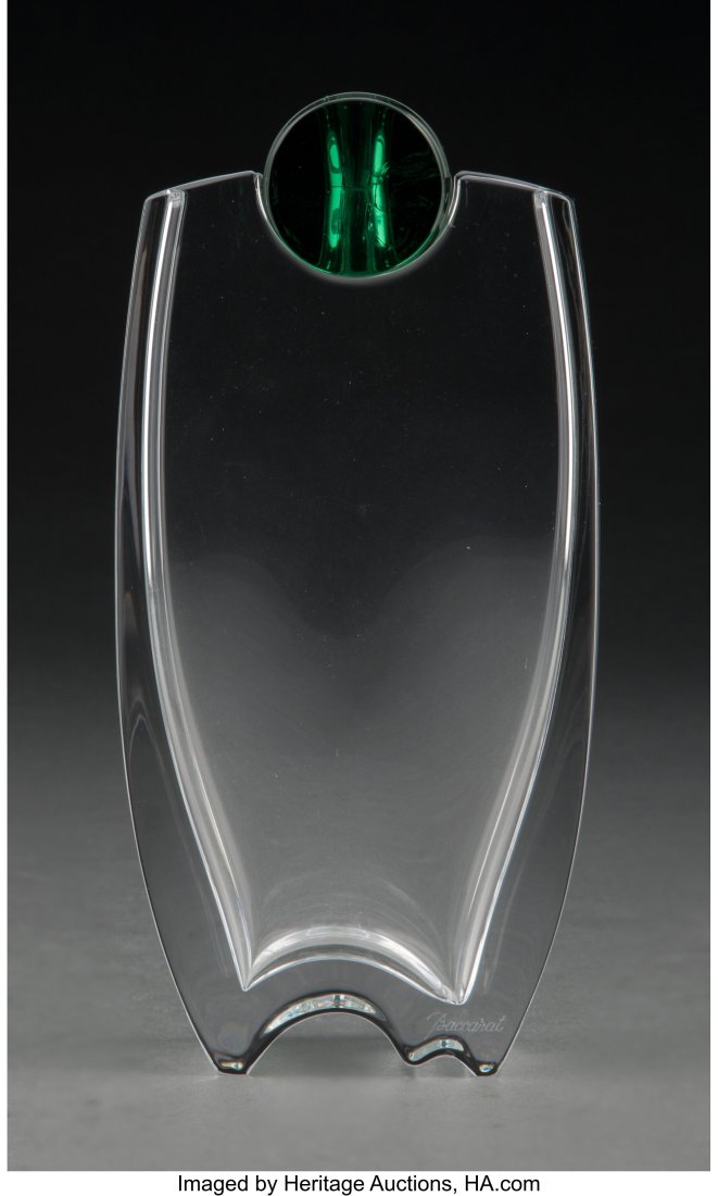 A Thomas Bastide for Baccarat Clear and Green Gl: A Thomas Bastide for Baccarat Clear and Green Glass Oceanie Vase, late 20th century Marks: BACCARAT, (goblet-decanter-cup), FRANCE 8 x 4 x 2-3/4 inches (20&p