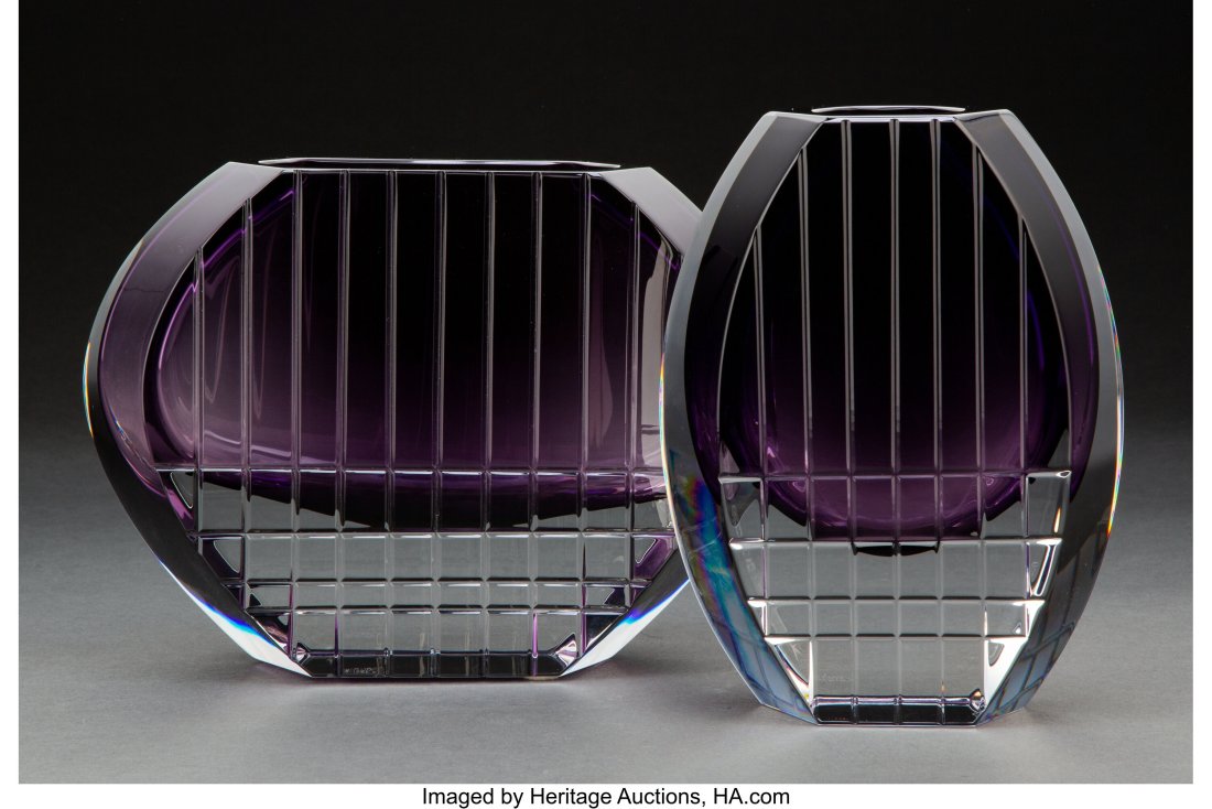 Two Baccarat Clear and Purple Cut Glass Neptune : Two Baccarat Clear and Purple Cut Glass Neptune Vases, late 20th century Marks: BACCARAT, (goblet-decanter-cup), FRANCE 8-1/4 x 6-3/4 x 2-3/4 inches &lpar