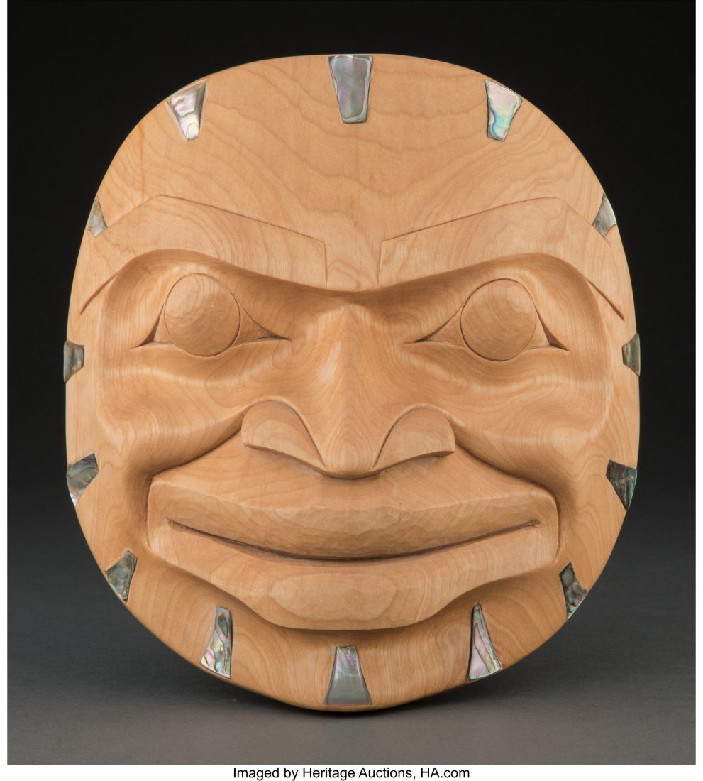 Tom Eneas (Coast Salish, Canadian, 20th century): Tom Eneas (Coast Salish, Canadian, 20th century) Mask Cedar, abalone 10 x 9-3/8 x 4-1/2 inches (25.4 x 23.8 x 11.4 cm) Signed to reve