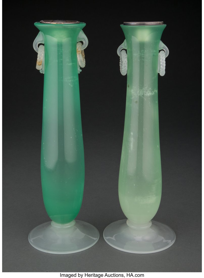Two Steuben Green Jade Glass Vases with Later Si: Two Steuben Green Jade Glass Vases with Later Silver Bobeches, circa 1925 and later 12 x 3-3/4 inches (30.5 x 9.5 cm) HID03101062020 &New