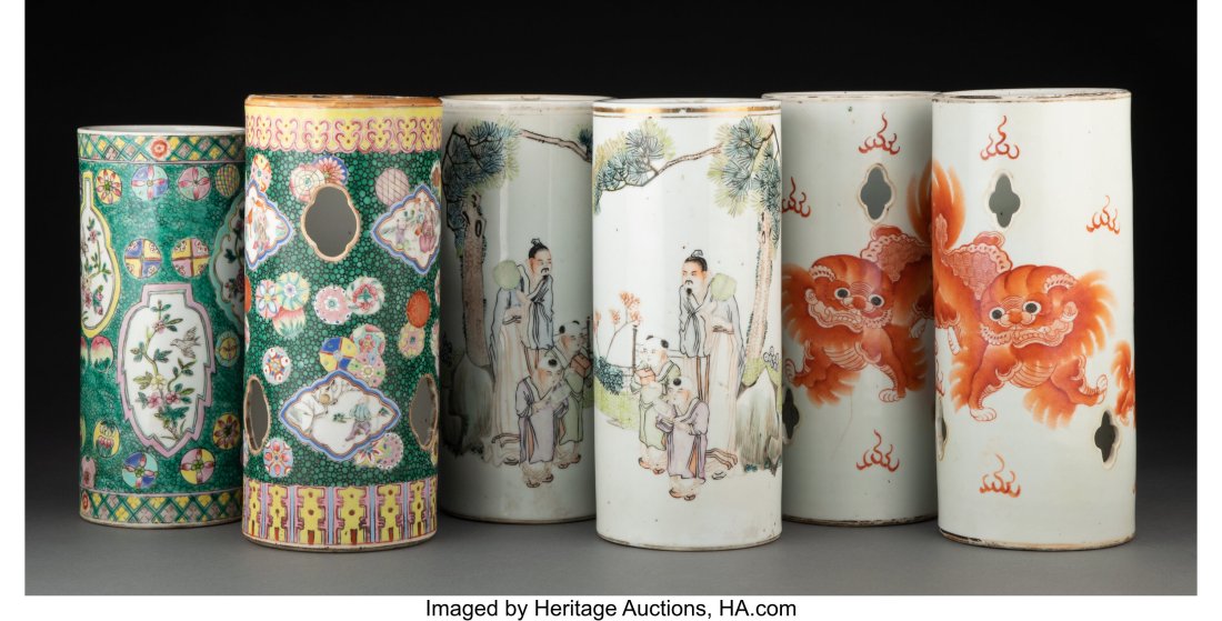 A Group of Six Chinese Porcelain Hat Stands, cir: A Group of Six Chinese Porcelain Hat Stands, circa 1900 Marks: (various) 11-3/8 x 4-7/8 inches (28.9 x 12.4 cm) (tallest) &New
