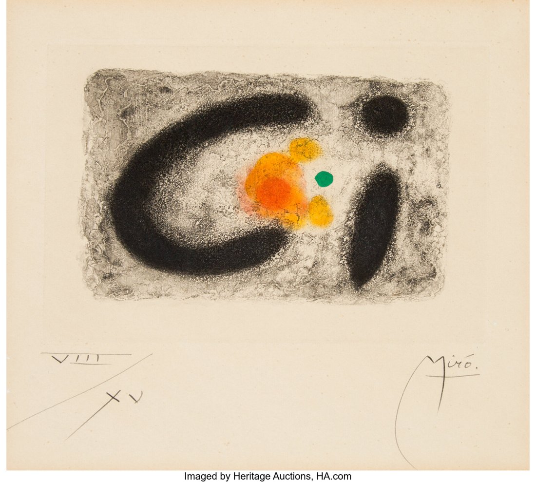 Joan Miro (1893-1983) Untitled, from Nous Avons,: Joan Miro (1893-1983) Untitled, from Nous Avons, 1959 Etching and aquatint in colors on wove paper 8 x 8-1/2 inches (20.3 x 21.6 cm) (sight)