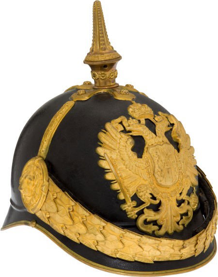 Fantastic Ornate Austrian Model 1899 Officers' G: Fantastic Ornate Austrian Model 1899 Officers' Gendarmerie Pickelhaube. Japanned metal he
