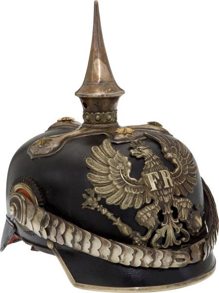 Prussian Dragoon Officers' Pickelhaube.: Prussian Dragoon Officers' Pickelhaube. Fiber body and visors with silver trim and a grac