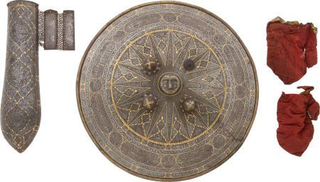 Armor: Large Antique Indo-Persian Islamic "Sun o: Armor: Large Antique Indo-Persian Islamic "Sun of Splendor" Steel Shield Dhal Separ an