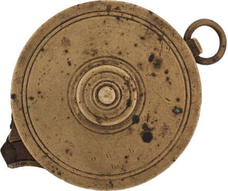 Circular Brass Capping Device C. 1860.: Circular Brass Capping Device C. 1860. 2 3/16" diameter, 3/8" thick. Top screws off to al