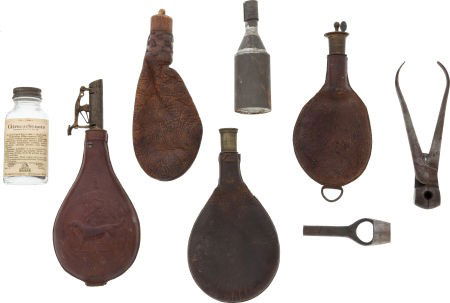 Interesting Group of Leather Shot Bullet and Pow: Interesting Group of Leather Shot Bullet and Powder Flasks. C. 1860 leather shot flask em