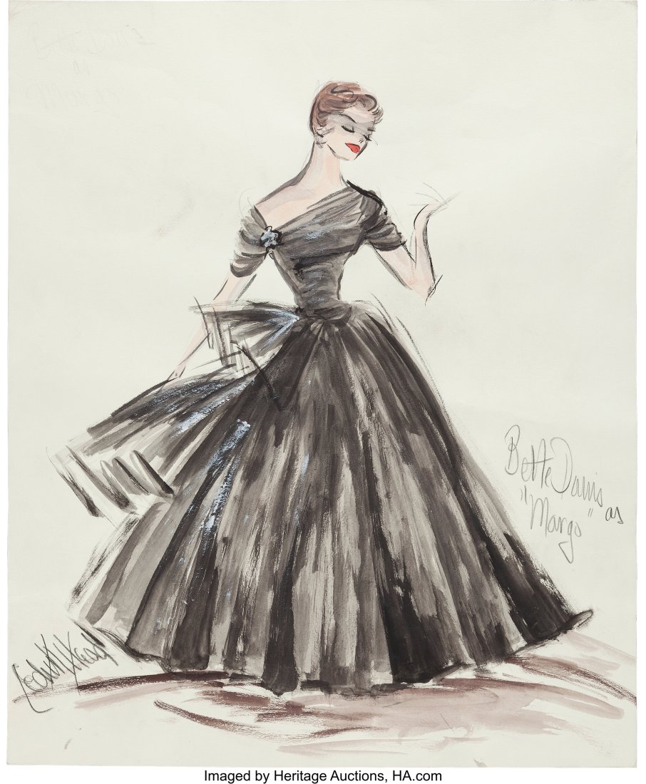Bette Davis "Margo" Costume Sketch by Edith Head: Bette Davis "Margo" Costume Sketch by Edith Head for All About Eve (TCF, 1950). Vintage original costume sketch accomplished in gouache and ink on 14" x 16.75" artist's p