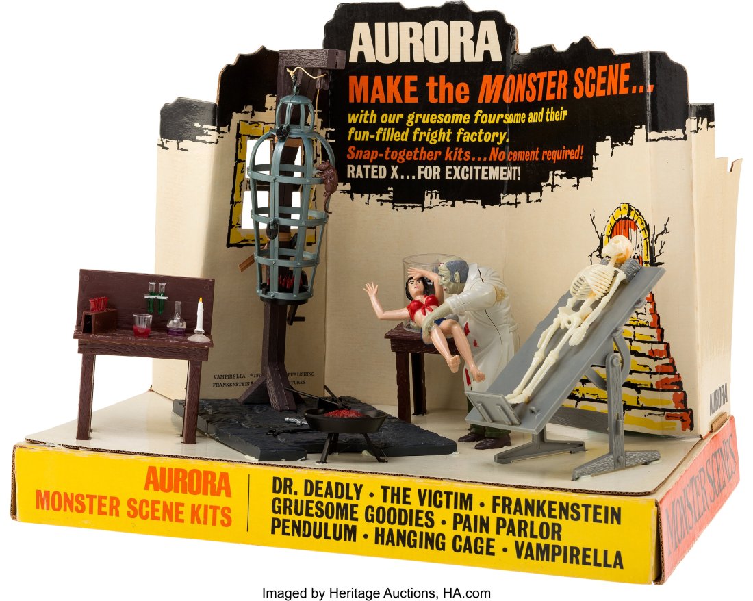 Original Factory Painted Aurora "Monster Scenes": Original Factory Painted Aurora "Monster Scenes" Model Kit Store Display in Factory Shipping Box and (7) Moebius Kits (1971/200s). Vintage original store display manufac
